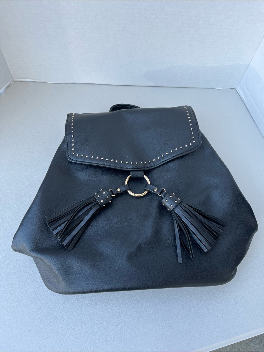Black Faux Leather Tassel Backpack with Stud Detail